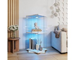 Vitrinekast in glas met LED‑verlichting, 360° draaibare staande vitrine met 2 legplanken, ESG‑veiligheidsglas, voor woonkamer en bar, 82 x 38 x 38 cm, wit