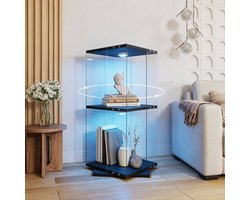 Vitrinekast in glas met LED‑verlichting, 360° draaibare staande vitrine met 2 legplanken, ESG‑veiligheidsglas, voor woonkamer en bar, 82 x 38 x 38 cm, zwart