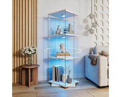 Vitrinekast in glas met LED‑verlichting, 360° draaibare staande vitrine met 3 legplanken, ESG‑veiligheidsglas, voor woonkamer en bar, 121 x 38 x 38 cm, wit