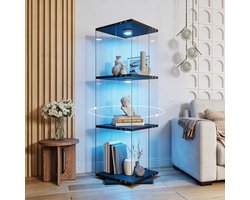 Vitrinekast in glas met LED‑verlichting, 360° draaibare staande vitrine met 3 legplanken, ESG‑veiligheidsglas, voor woonkamer en bar, 121 x 38 x 38 cm, zwart