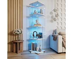 Vitrinekast in glas met LED‑verlichting, 360° draaibare staande vitrine met 4 legplanken, ESG‑veiligheidsglas, voor woonkamer en bar, 160 x 38 x 38 cm, wit
