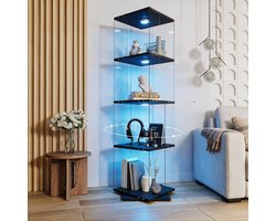 Vitrinekast in glas met LED‑verlichting, 360° draaibare staande vitrine met 4 legplanken, ESG‑veiligheidsglas, voor woonkamer en bar, 160 x 38 x 38 cm, zwart