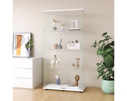 Vitrinekast in wit, glazen vitrinekast met 4 niveaus en 2 deuren van gehard glas, vitrinekast met slot voor woonkamer, slaapkamer of hal