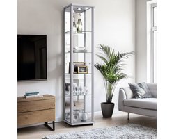 Vitrinekast met glas staand met 1 deur, 4 in hoogte verstelbare glasplanken & spiegel - Vitrinekast met led verlichting - 176x37x33 cm - Zilverkleurig