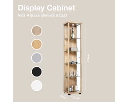 Vitrinekast met glas staand met 1 deur, 4 in hoogte verstelbare glasplanken - Vitrinekast met led verlichting - 176x37x33 cm - Beukenhoutkleur