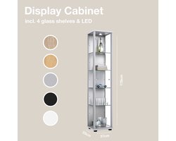 Vitrinekast met glas staand met 1 deur, 4 in hoogte verstelbare glasplanken - Vitrinekast met led verlichting - 176x37x33 cm - Zilverkleurig