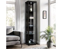 Vitrinekast met glas staand met 1 deur, 4 in hoogte verstelbare glasplanken - Vitrinekast met led verlichting - 176x37x33 cm - Zwart