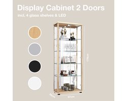 Vitrinekast met glas staand met 2 deuren, 4 in hoogte verstelbare glasplanken, spiegel & slot - Vitrinekast met led verlichting - 176x67x33 cm - Beukenhoutkleur