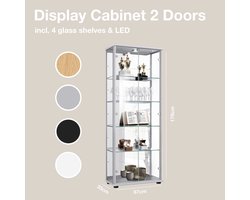 Vitrinekast met glas staand met 2 deuren, 4 in hoogte verstelbare glasplanken, spiegel & slot - Vitrinekast met led verlichting - 176x67x33 cm - Zilverkleurig