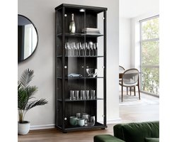 Vitrinekast met glas staand met 2 deuren, 4 in hoogte verstelbare glasplanken - Vitrinekast met led verlichting - 176x67x33 cm - Zwart
