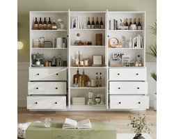 Vitrinekast met Glazen Deuren 180 cm – 5 Verdiepingen Boekenkast, Keukenkast en Hoge Kast met Laden en Open Planken, Wit, 39,9 x 240 x 180 cm – ABKANTOOR