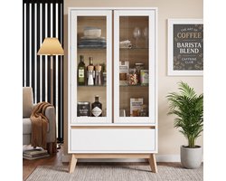 Vitrinekast Met Glazen Deuren En Verstelbare Planken - Opbergkast Met Lade Voor Eetkamer En Woonkamer - Wit En Houtkleur - 80x40x150 Cm