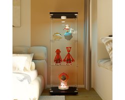 Vitrinekast met LED-verlichting, 125 cm glazen vitrinekast, 3 lagen met 1 deur en slot, moderne glazen verzamelkast, staande glazen opbergkast voor woonkamer, slaapkamer, kantoor, zwart