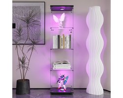 Vitrinekast met LED-verlichting, 161,4 cm glazen vitrinekast, 4 lagen met 1 deur en slot, moderne glazen verzamelkast, staande glazen opbergkast voor woonkamer, slaapkamer, kantoor, Zwart