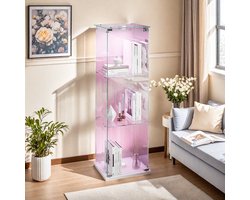 Vitrinekast met LED Verlichting – 3-Laags Displaykast met Glazen Deur, Witte Achterwand, Smalle Opbergkast voor Woonkamer, Slaapkamer of Kantoor – 39,8 x 35 x 123,3 cm