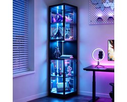 Vitrinekast met LED-verlichting - met dubbele glazen deur en spiegelachterwand - kantelbeveiliging - wijnkast - boekenplank - zwart