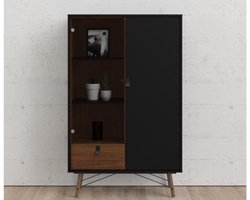 Vitrinekast Noaahome Furesa – Moderne 2-Deurs & 1-Lade Displaykast met Glazen Paneel – Walnoot & Antraciet – Luxe Opbergruimte voor Woonkamer, Eetkamer of Kantoor – 102x40x162 cm