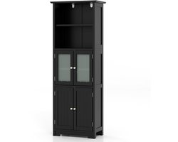 Vitrinekast – Opbergkast – Kasten – Buffetkast – Wandkast – 163 cm Hoog – Mat Zwart Met Veiligheidsglas