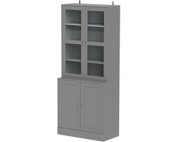Vitrinekast - opbergmeubel met 6 planken en 4 deuren (waarvan 2 van gehard glas) - verstelbare planken - grijs
