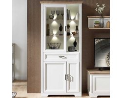 Vitrinekast Samine 93cm 3 deuren & 1 lade - wit/eik - Emob - Vitrinekast - Grijs - Spaanplaat; Glas