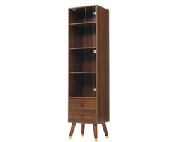 Vitrinekast - Smalle Hoge Kast - Glazen Deur - Push-to-Open Systeem - 2 Lades - Woonkamer en Kantoor - 39,8x35x160cm - Notenhout Look