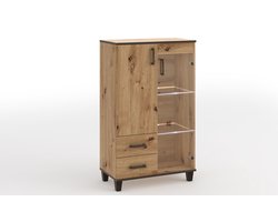 Vitrinekast Vanessa III Glazen barkast Plankenkast Houten meubel Woonkamer Glazen deur met houten poten Staande vitrinekast Woonkamerkast