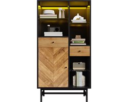 Vitrinekast, vitrinekast met 12-kleurige led-lichtband, keukenkast met lades en glazen planken, driehoekige houtnerf