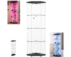 Vitrinekast, vitrinekast met glas, Vijfhoekige, met RGB LED Verlichting & Slot, 4-Lagen Glazen Displaykast met Enkele Deur & Zwarte Bodemplaat, Smalle Hoekkast voor Modelbouw, Figuren en Verzamelingen
