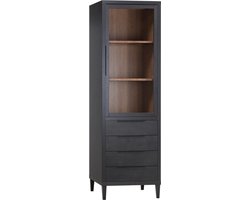 Vitrinekast Zwanenburg - Lamulux - Zwart/Teak - 67x212x48 cm (BxHxD) - 1 Draaideur - 4 Laden - Inclusief kastverlichting