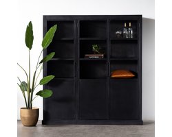 Vitrinekast Zwart Mangohout/IJzer - 3-Deurs - Kast James - Giga Meubel