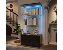 Vitrinekasten - Wandkast - glazen vitrinekast - RGB LED strips - Gehard glas - Kastdeursloten - 2 deurs kluisjes - Aluminium handgrepen - Grote opbergruimte - 78x35x164 cm - Moderne stijl - zwart