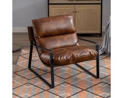 Vittorio Industrieel PU-Lederen Loungefauteuil Bruin - Moderne Oorfauteuil met Zwart Metalen Frame en Extra Dik Kussen (80 x 75,5 x 75 cm)