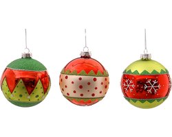 Viv! Christmas Kerstbal - Elfen Thema met Glitter en Patronen - set van 3 - glas - groen rood wit - Ø10cm