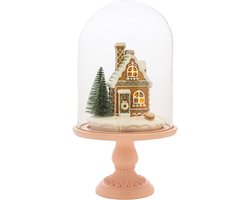 Viv! Christmas Kerstbeeld - Gingerbread Huis in Glazen Stolp incl. LED Verlichting - pastel roze - 30cm