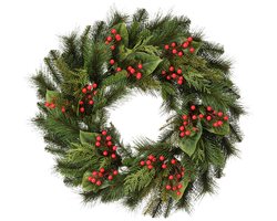 Viv! Christmas Kunst Kerstkrans met Rode Besjes en Magnolia Bladeren - UV bestendig - groen rood - Ø76cm
