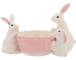 Viv! Christmas Paasservies - Bloemvormig Schaaltje met Drie Konijntjes - keramiek - pasen - roze - 27cm