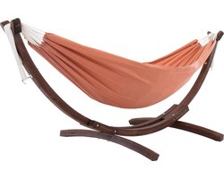 Vivere Double Sunbrella Hangmat met Massief Houten Standaard - Coral