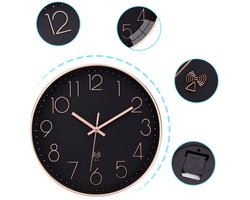 VIVILINEN Wandklok - 30 cm - Stil uurwerk - Automatische Tijdsinstelling - Muur klok - Chic zwart/roségoud