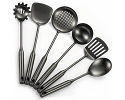 VIVORA Keukengerei Set – 6-delig RVS Kookgerei – Naadloze Keukenhulpen met Ophangoog – Incl. Spatel & Soeplepel – Zwart
