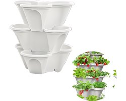 Vixson - Stapelbare Bloempotten - Bloembakken - Plantenbakken - Plantenpotten - 3 Stuks - Wit - PLANTUP