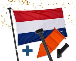 Vlag Voordeelpakket Zwart - Nederlandse vlag met zwarte vlaggenstok - Vlaggenstokhouder - Nederlandse vlag - Oranje wimpel - Complete set