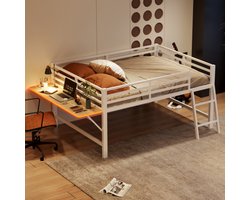 Vlak bed, 140 x 200 cm, metalen bed, zonder matras, leuning, ladder, bureau, op afstand bedienbare led-lichtband, wit