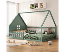 Vlak bed - 140x200 cm - tweepersoonsbed - kinderbed - hoofdbord - veiligheidsrail - groen - zonder matras