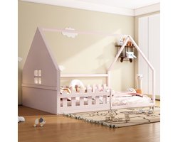 Vlak bed - 140x200 cm - tweepersoonsbed - kinderbed - hoofdbord - veiligheidsrail - roze - zonder matras