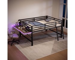 Vlak bed 140x200 cm - Zwart metaal - 120 kg belastbaarheid - 10-15 cm matras - Met trapladder - Opklapbaar bureau - Afstandsbediening LED-verlichting - Stabiel frame - Veiligheidsrail
