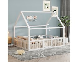 Vlasbed, metalen bed, 140 x 200 cm, metalen bedframe, ijzeren bed, kinderbed, zonder matras, huis slaan, parket, wit