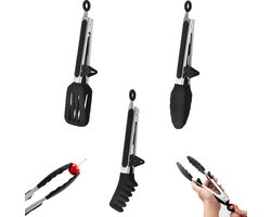 Vleestang - Set Van 3 - Keukentang - Spaghettitang - Pastatang - Serveertang - Kooktang - Met Steunpootjes En Ophanggaten - Salade Tang - Aspergetang - Bbq Tang - Bbq Accesoires - Rvs En Siliconen - Keukengerei - Voor In De Keuken - Zwart