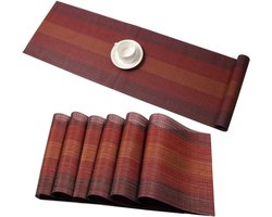 Vlekbestendige wasbare PVC tafelmat antislip koffiemat hittebestendige keukentafelmat (rood, set van 6 placemats en 1 tafelloper)