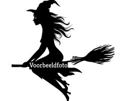 Vliegende heks raamsticker - statisch raamfolie - 13 cm hoogte - 1 stuk - geschikt voor gladde oppervlaktes - herbruikbaar - er blijft niks achter bij het eraf halen - halloween - kan ook aan de binnenzijde op de autoraam
