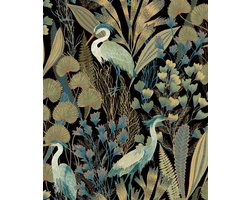 Vliesbehang - Ciara- Tropical Cranes zw/groen - A63201